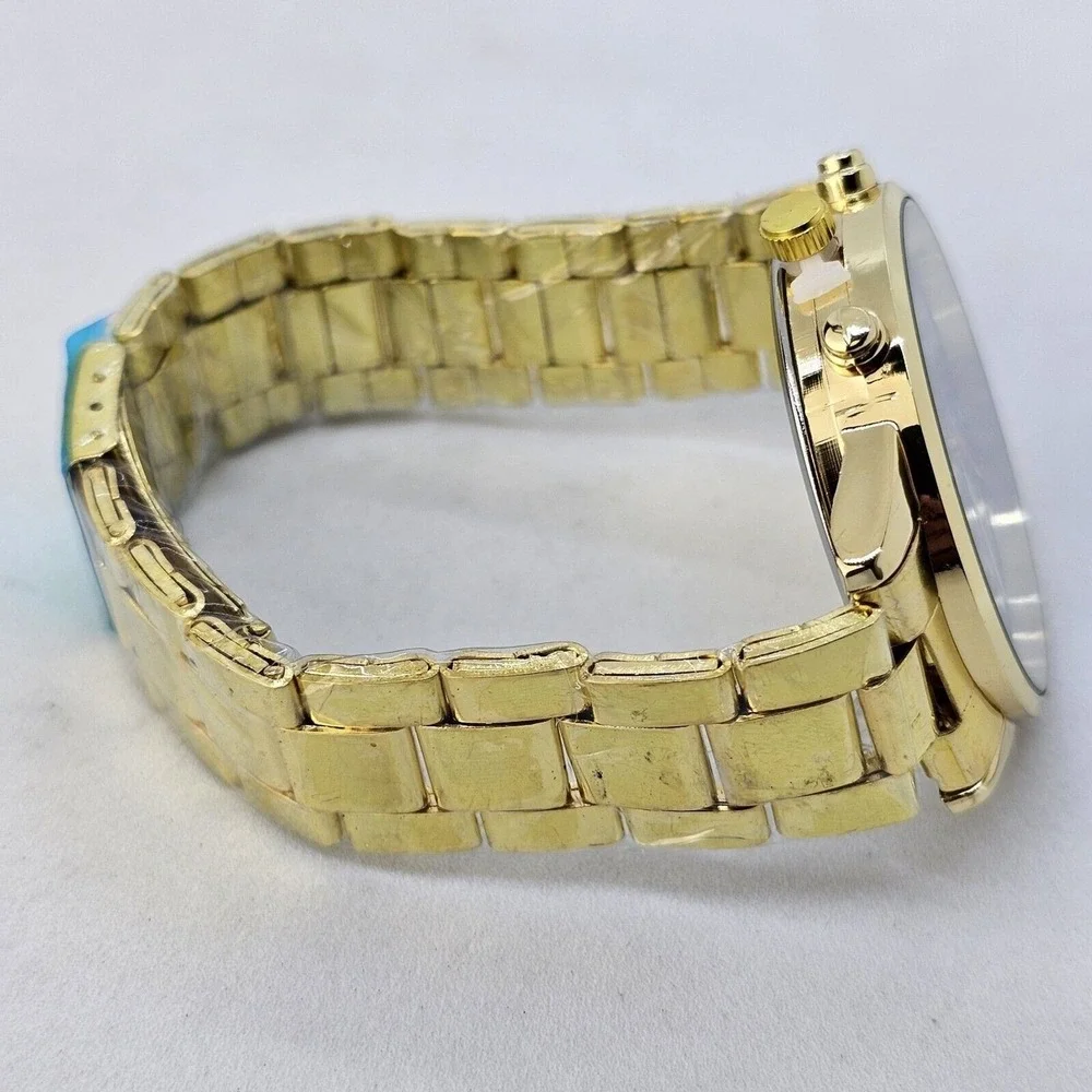 3PC Men's Watch Bracelet Necklace Set 41MM Black Dial Date Gold Bracelet Band 7